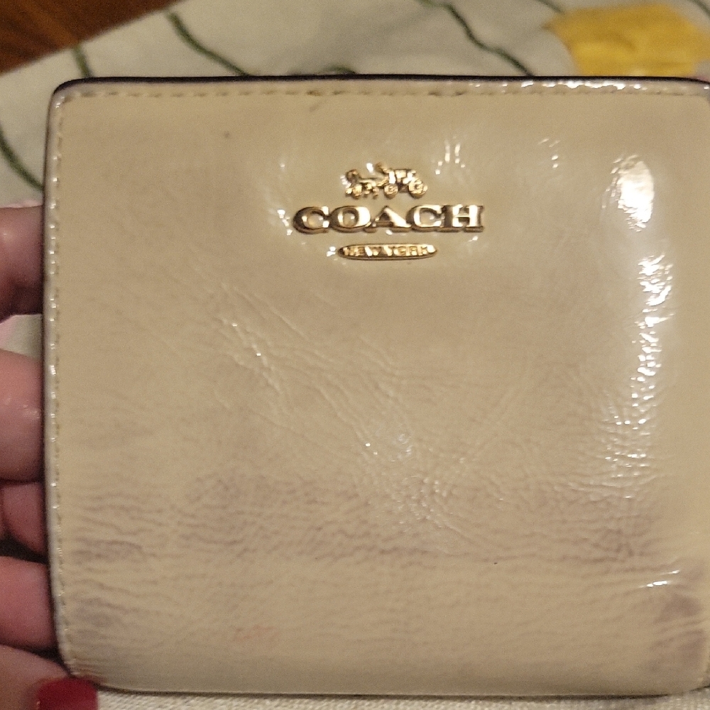 Coach Patent Leather Compact Wallet in Light Beige with Gold Logo